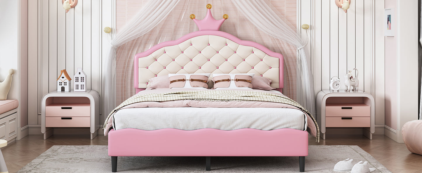 Pink upholstered bed with diamond tufting and crown headboard