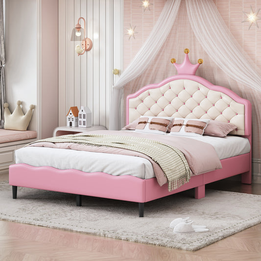 Pink tufted twin bed with crown headboard for girls