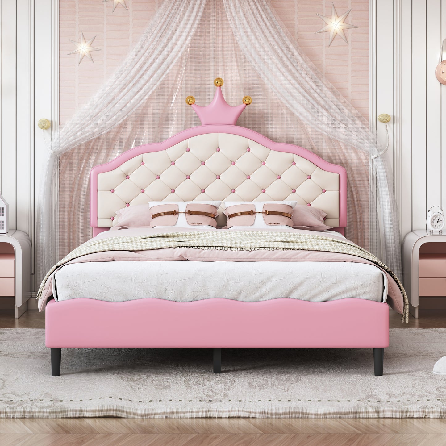 Pink upholstered twin bed with a tufted headboard and crown detail