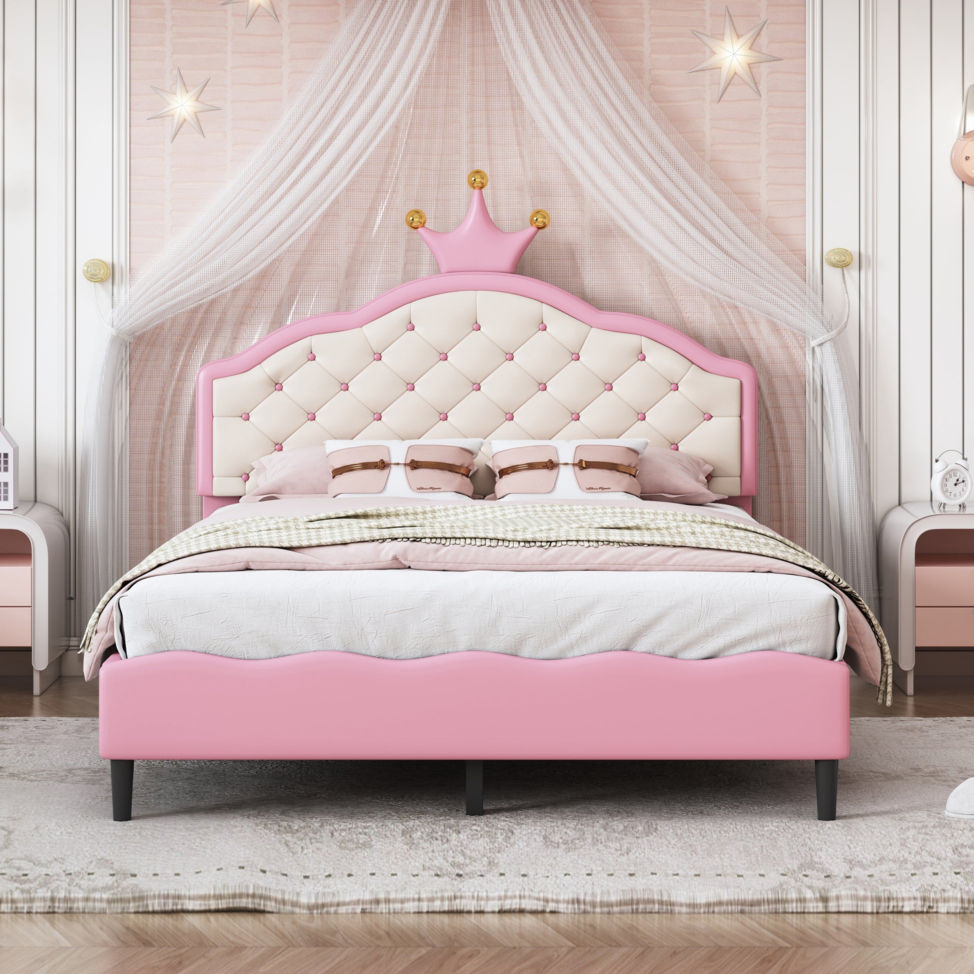 Pink upholstered twin bed with a tufted headboard and crown detail