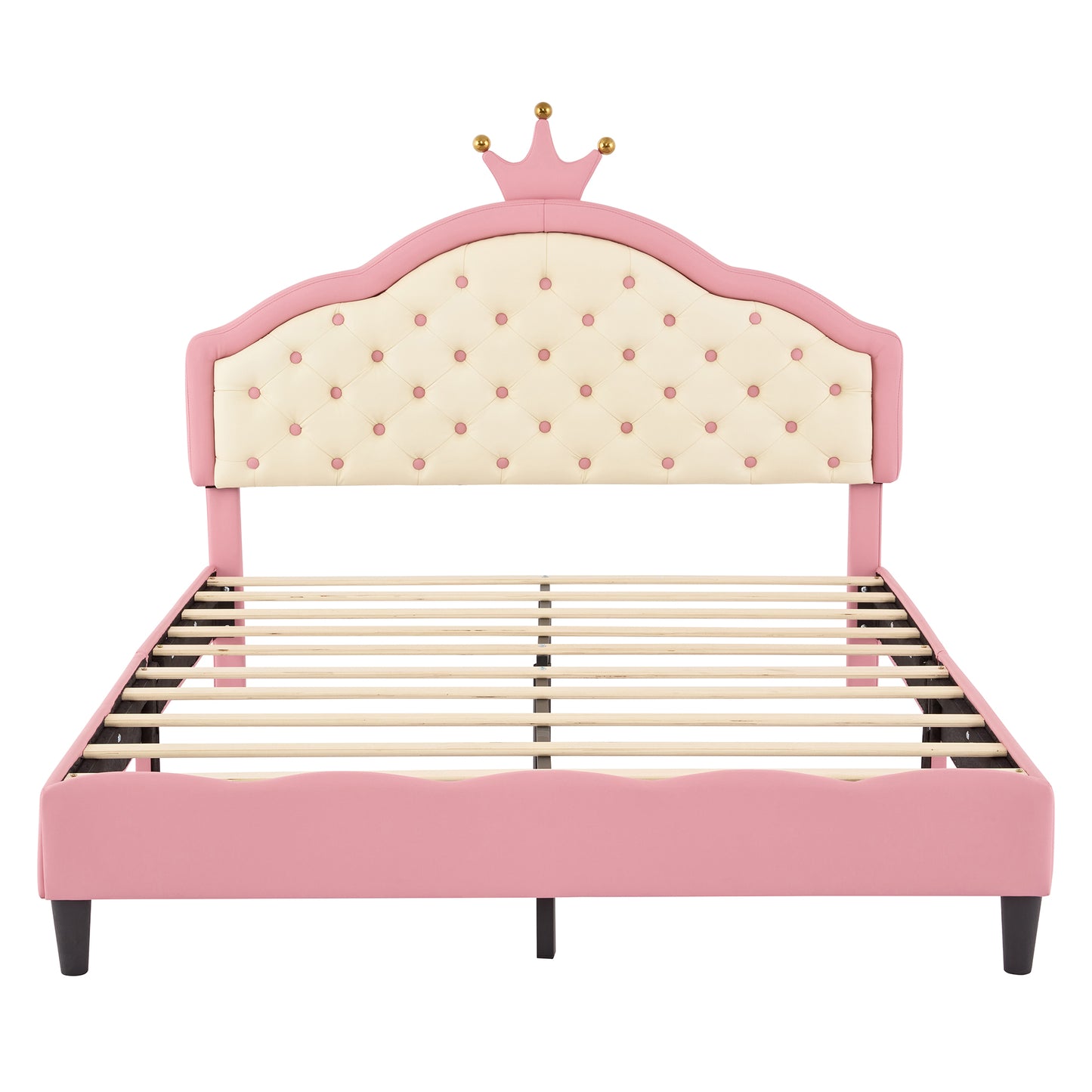 Pink upholstered twin bed frame with tufted headboard and crown