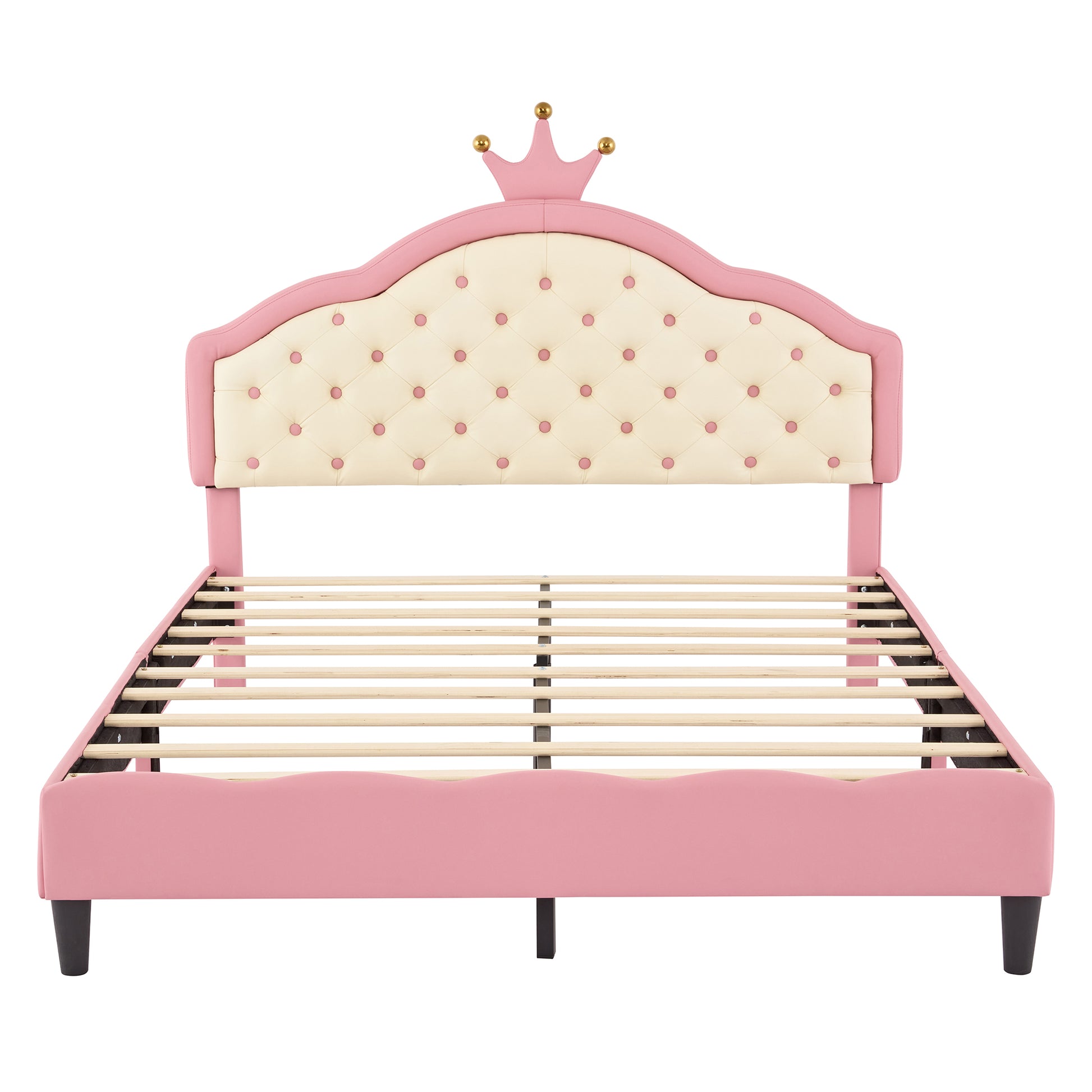 Pink upholstered twin bed frame with tufted headboard and crown