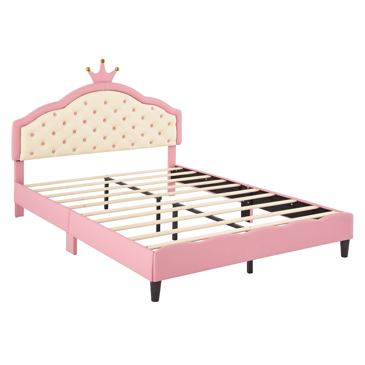 Pink upholstered twin bed frame with a tufted cream headboard and crown detail