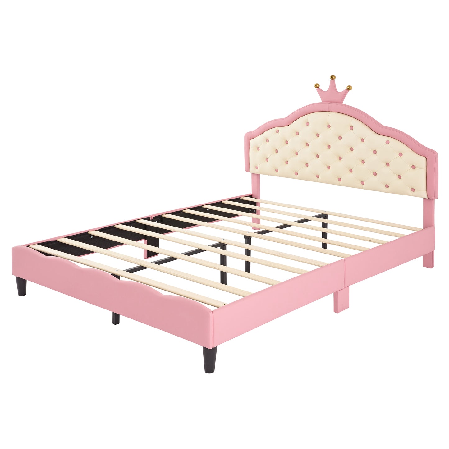 Pink upholstered twin bed frame with tufted headboard featuring a crown accent
