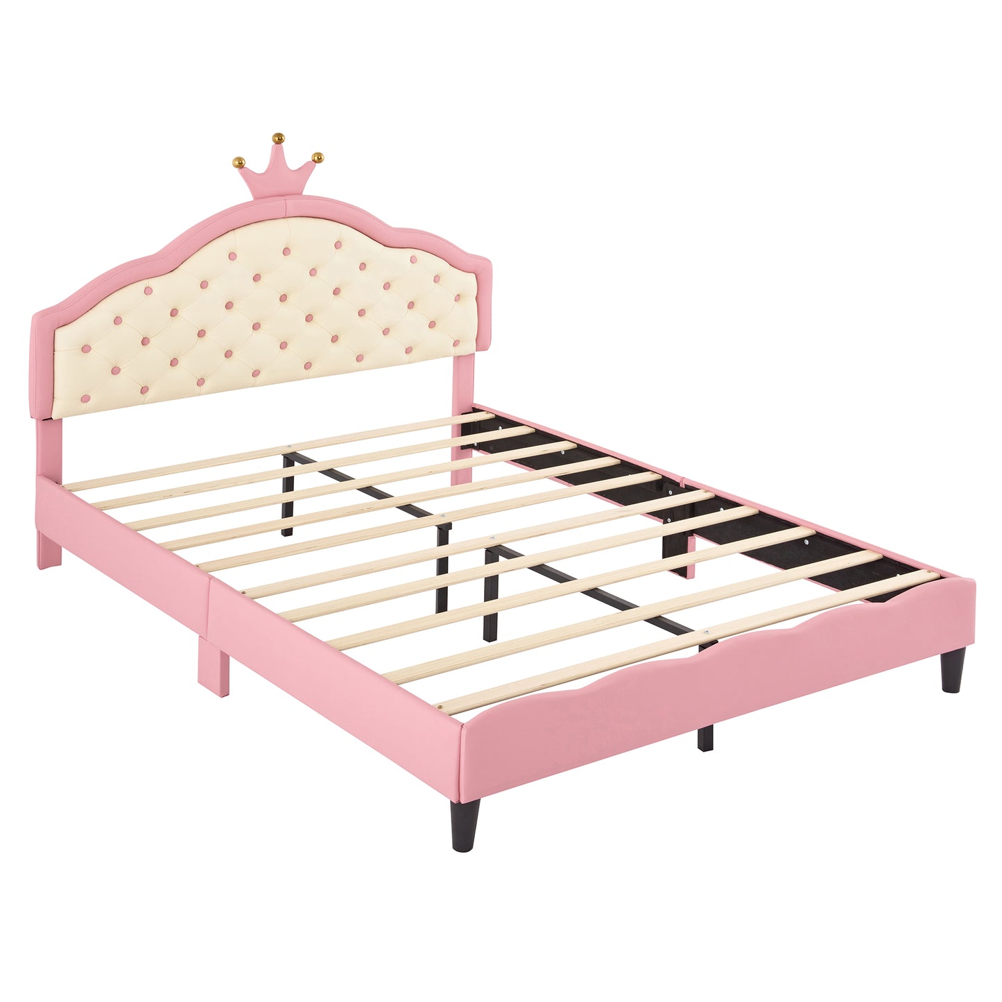 Pink velvet twin bed frame with diamond tufted headboard and crown accent