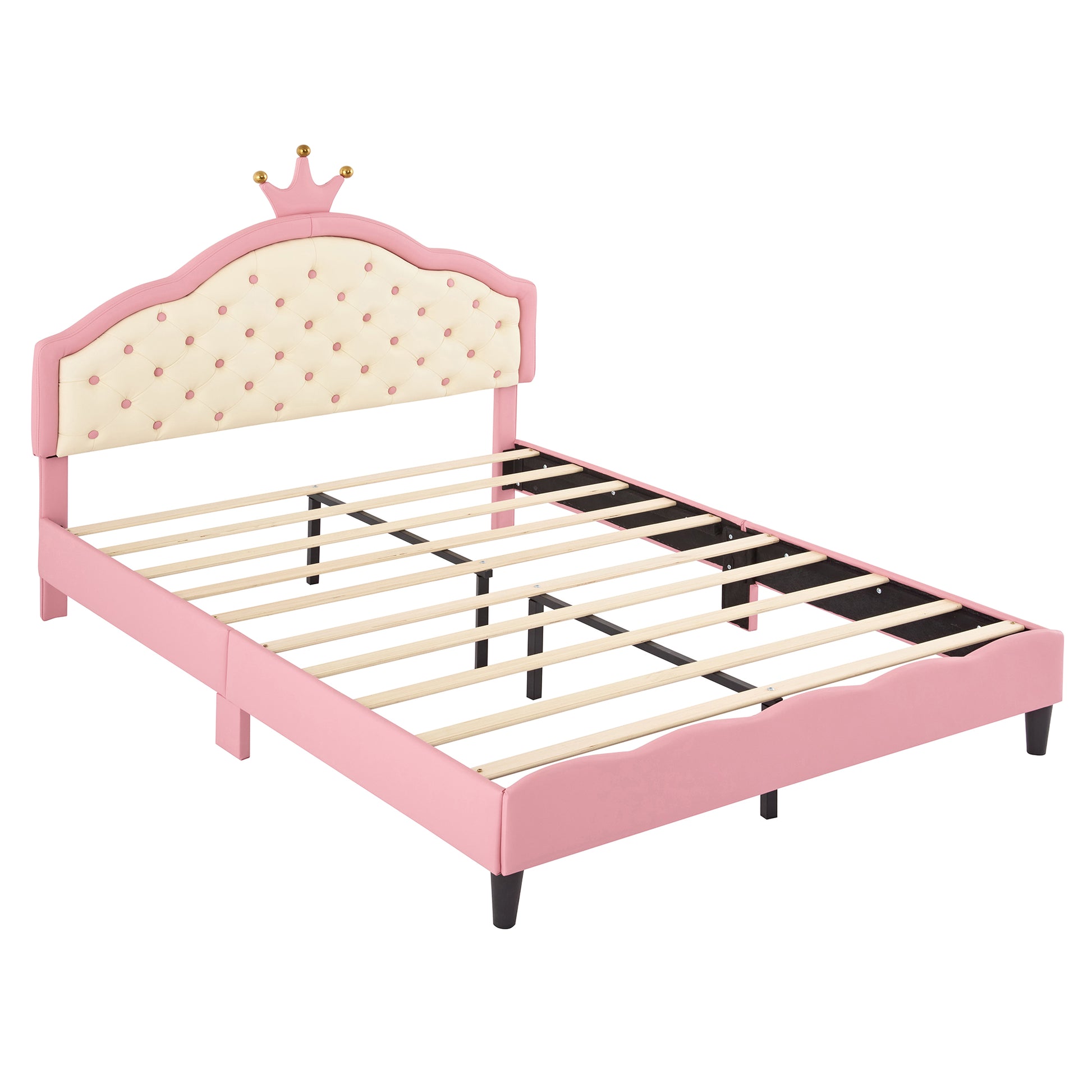 Pink velvet twin bed frame with diamond tufted headboard and crown accent