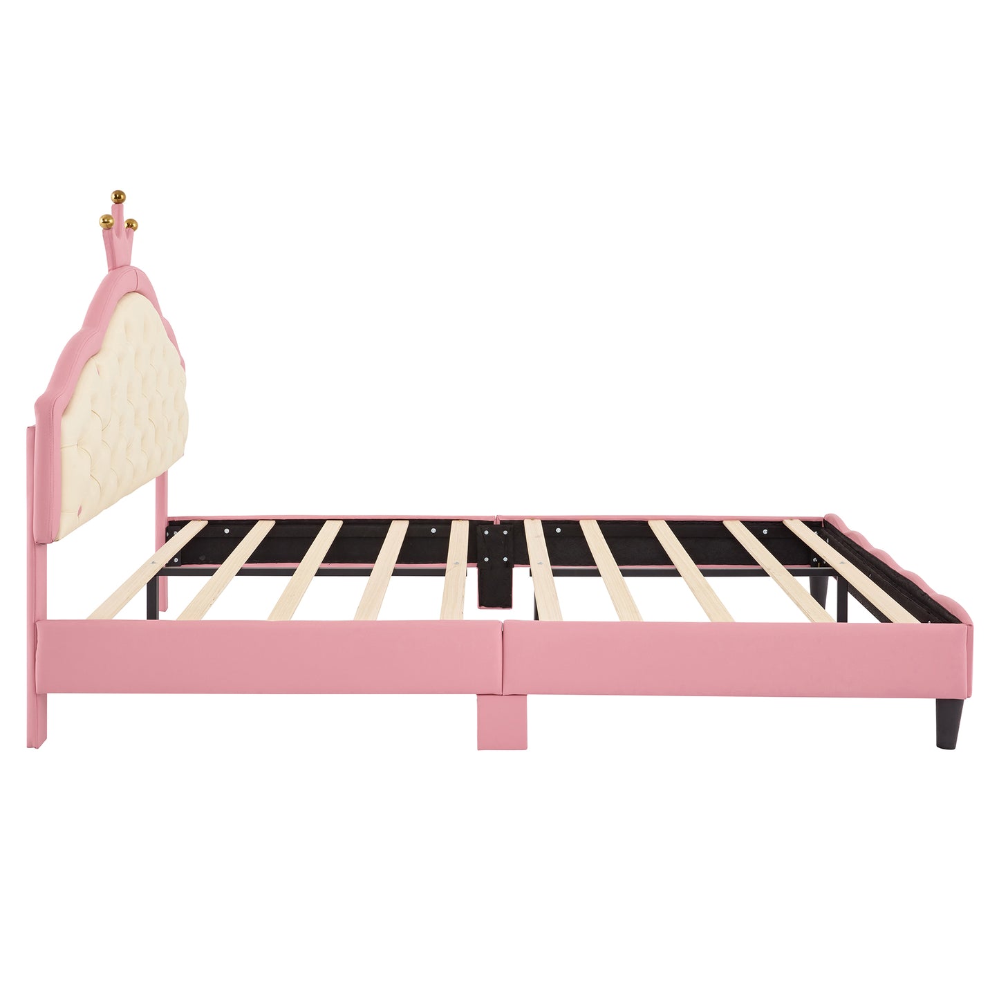 Pink velvet twin bed frame with tufted headboard and crown accent