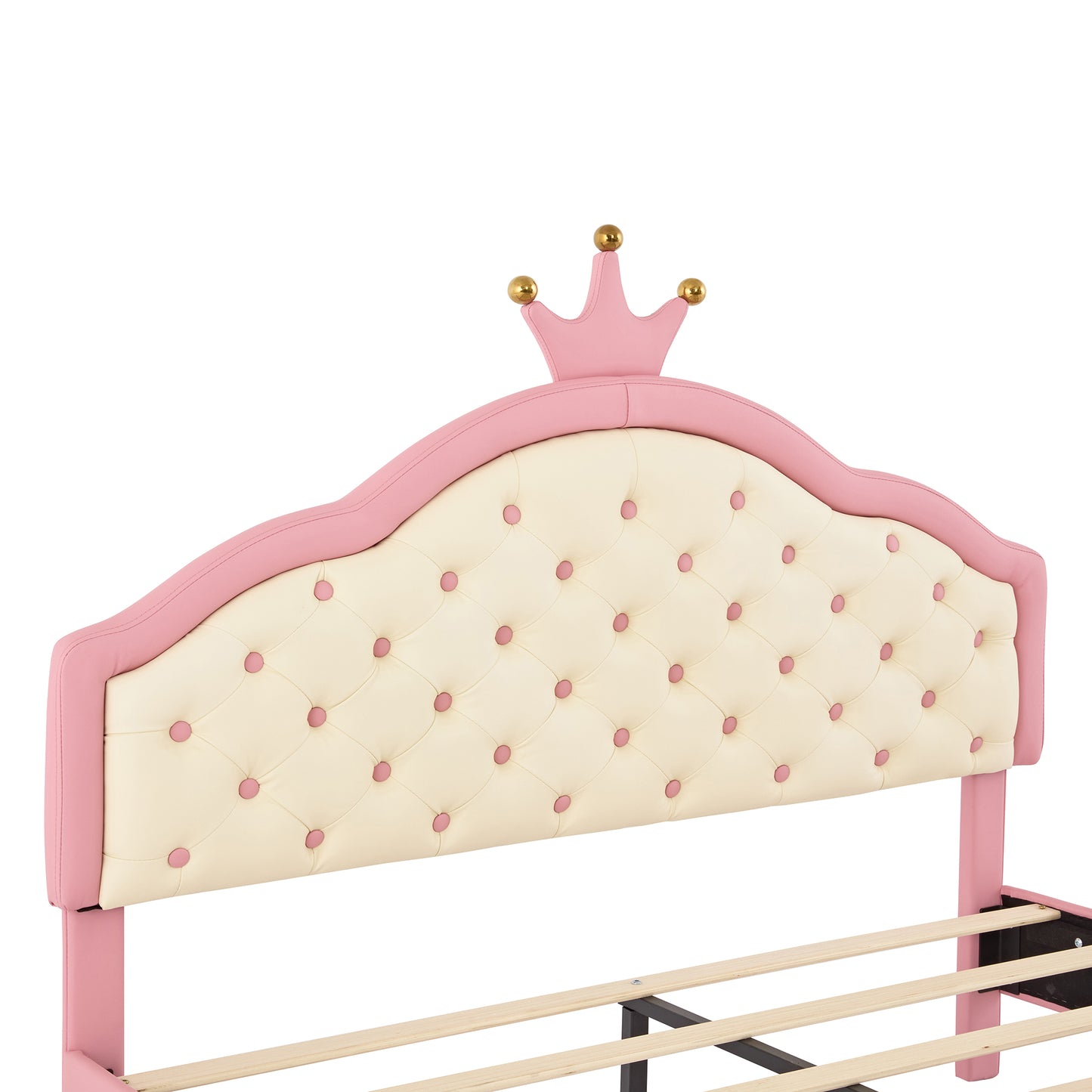 Pink velvet tufted headboard with crown detail and gold accents