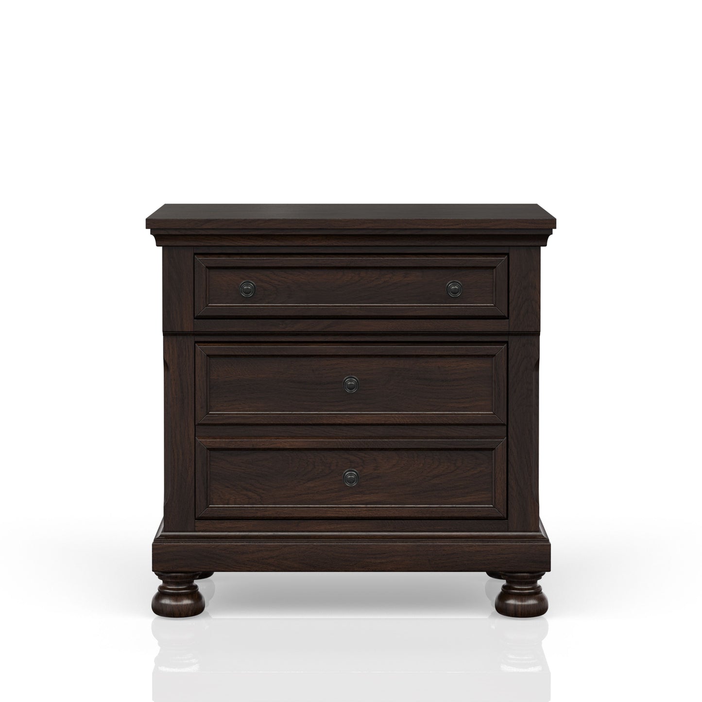 Dark wood nightstand with three drawers and ornate round knobs