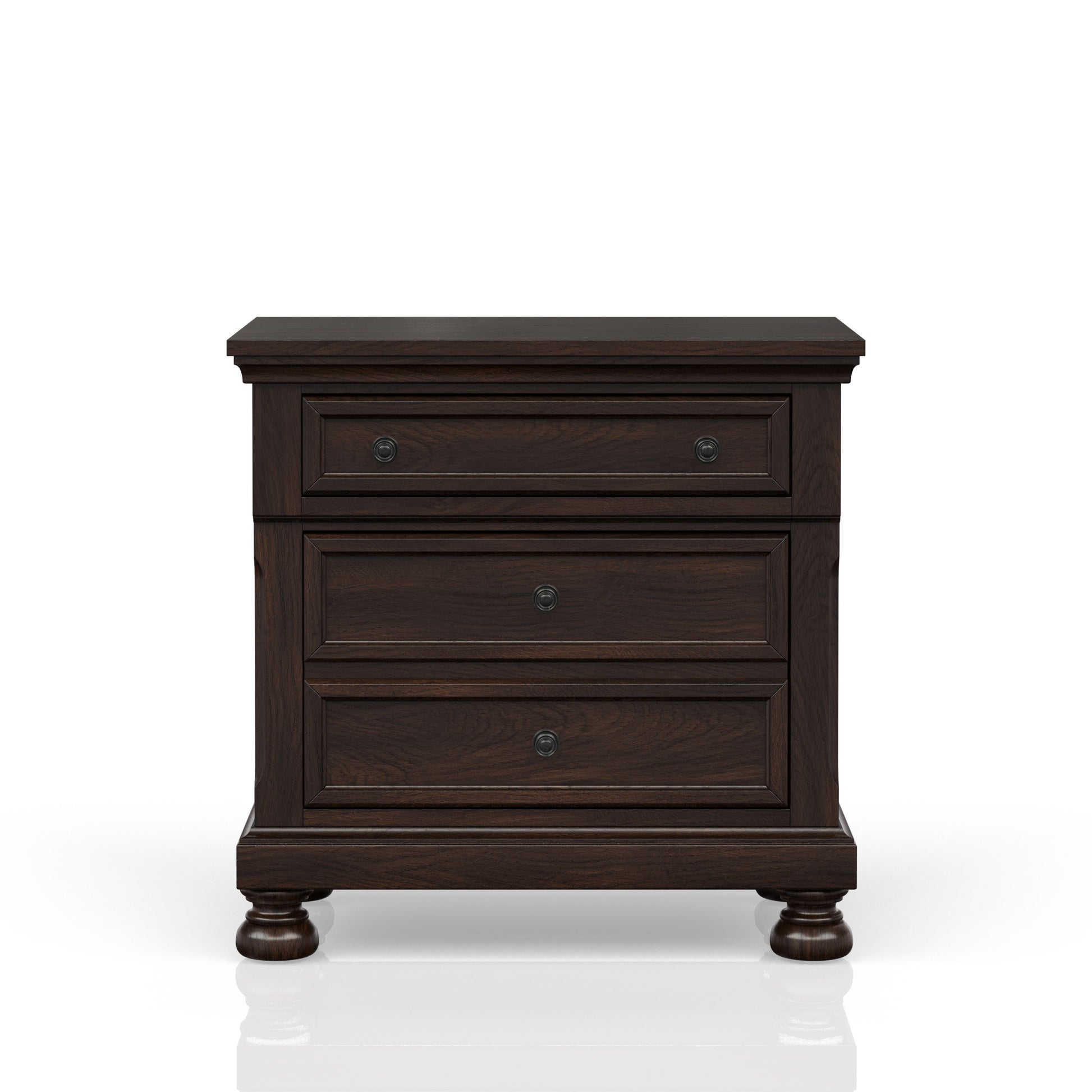 Dark wood nightstand with three drawers and ornate round knobs