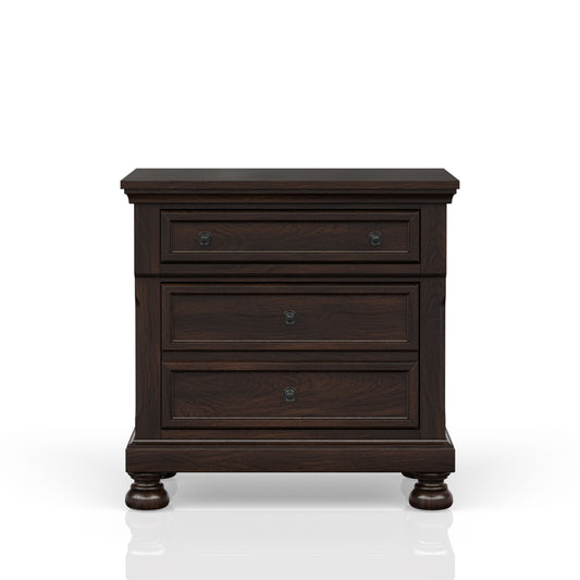 Dark wood nightstand with three drawers and ornate round knobs