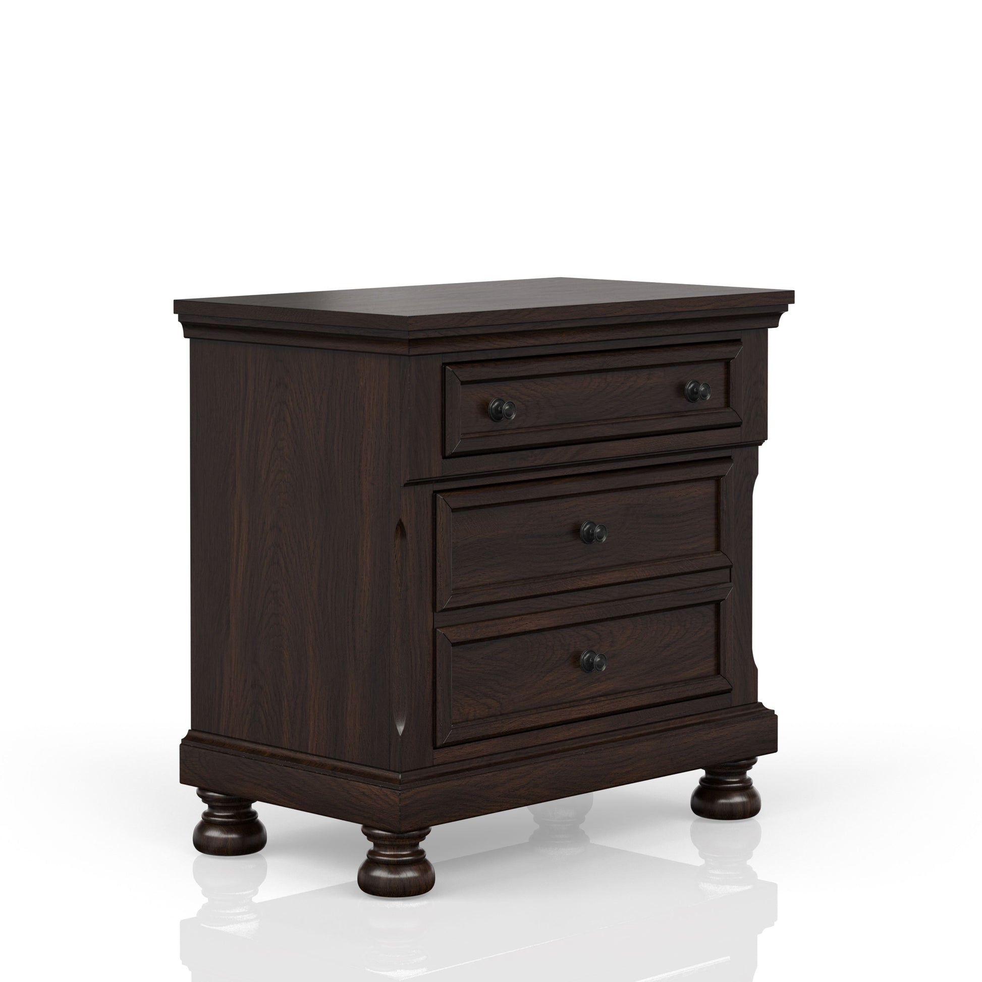 Dark wood nightstand with three drawers and decorative turned legs