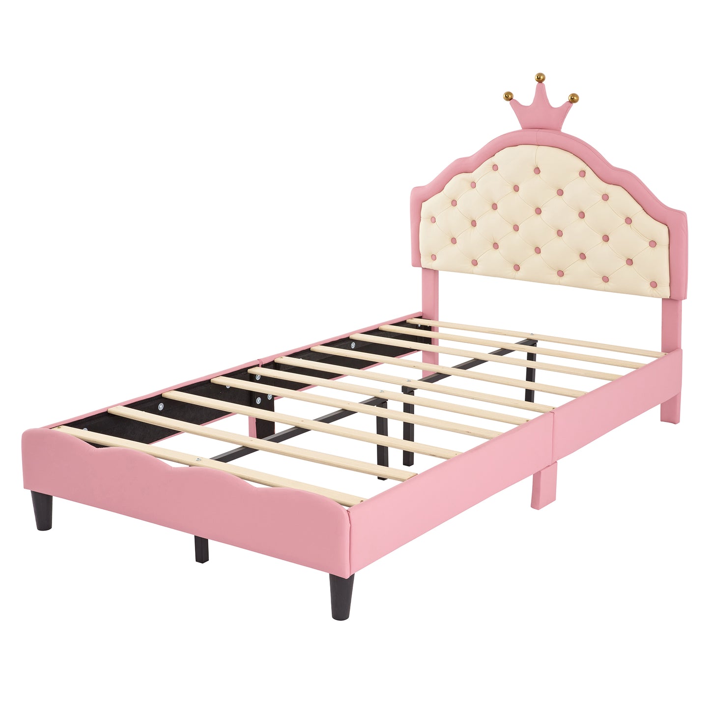 Pink upholstered twin bed frame with diamond tufting and crown accent