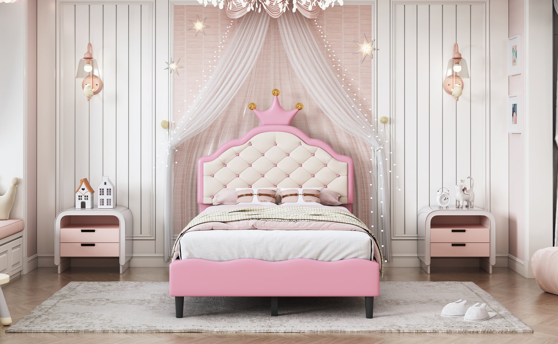 Pink upholstered twin bed with diamond tufting and crown headboard