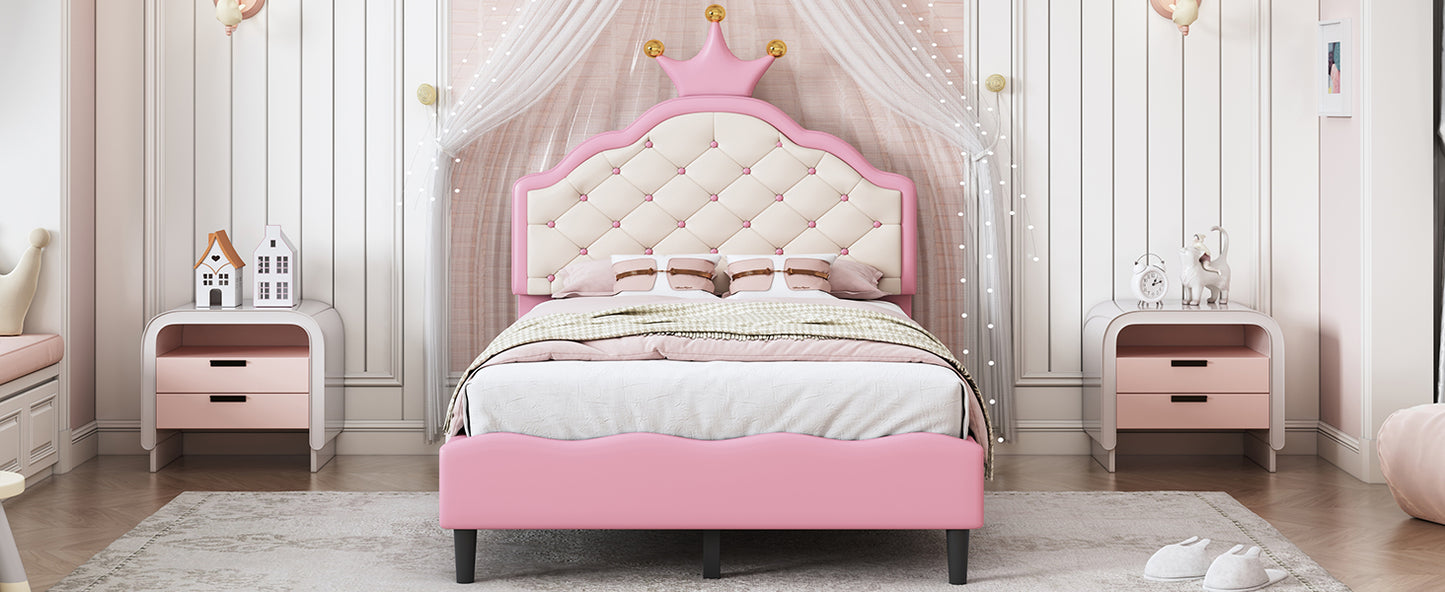 Pink upholstered twin bed with diamond tufting and crown detail for girls
