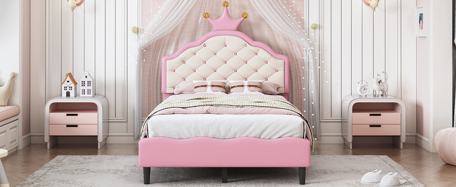 Pink upholstered twin bed with diamond tufting and crown detail for girls