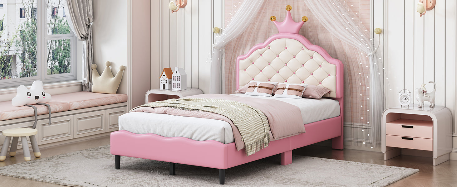 Pink tufted upholstered childrens bed with crown headboard