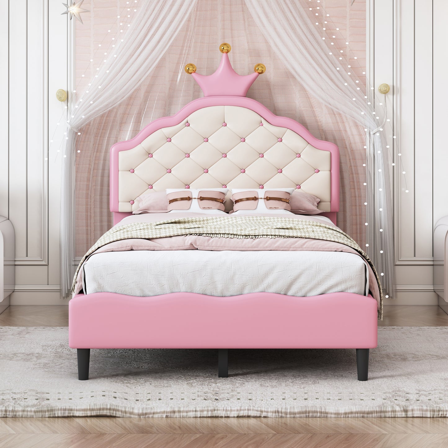 Pink velvet princess bed with tufted headboard and crown detail
