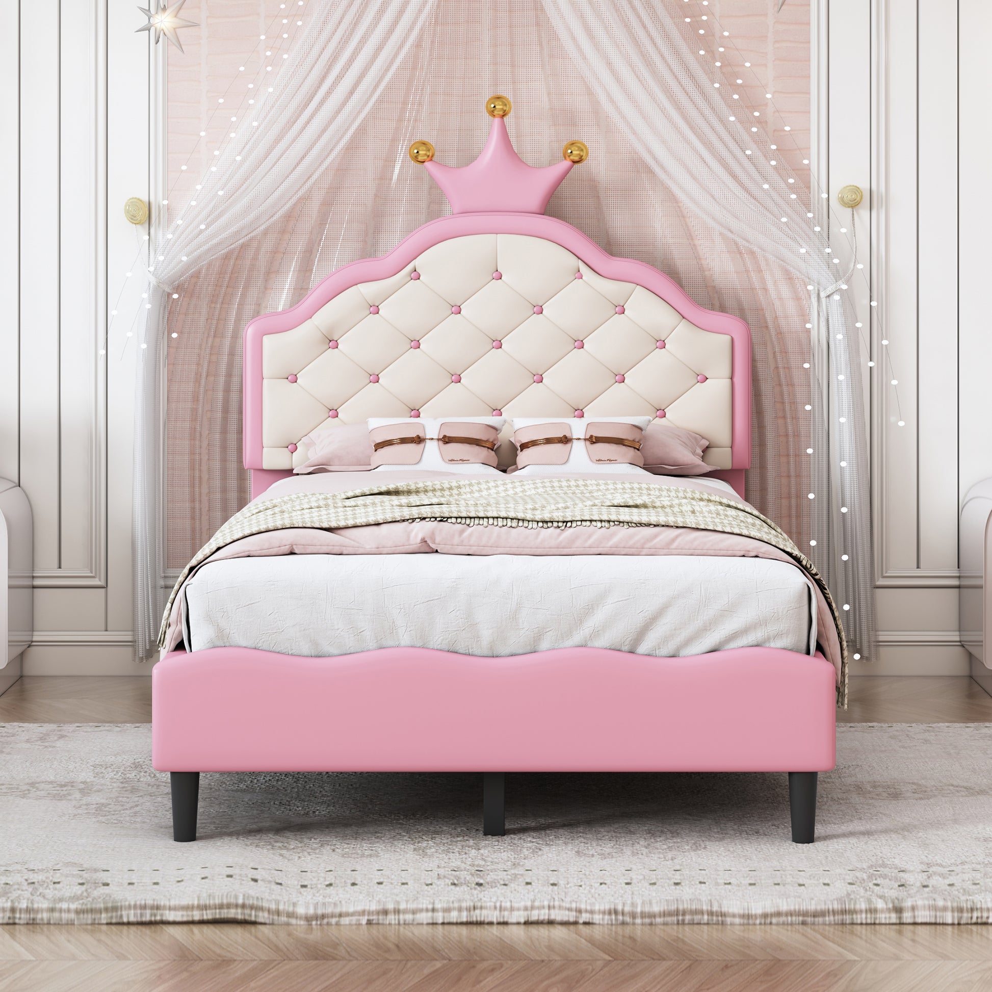 Pink velvet princess bed with tufted headboard and crown detail