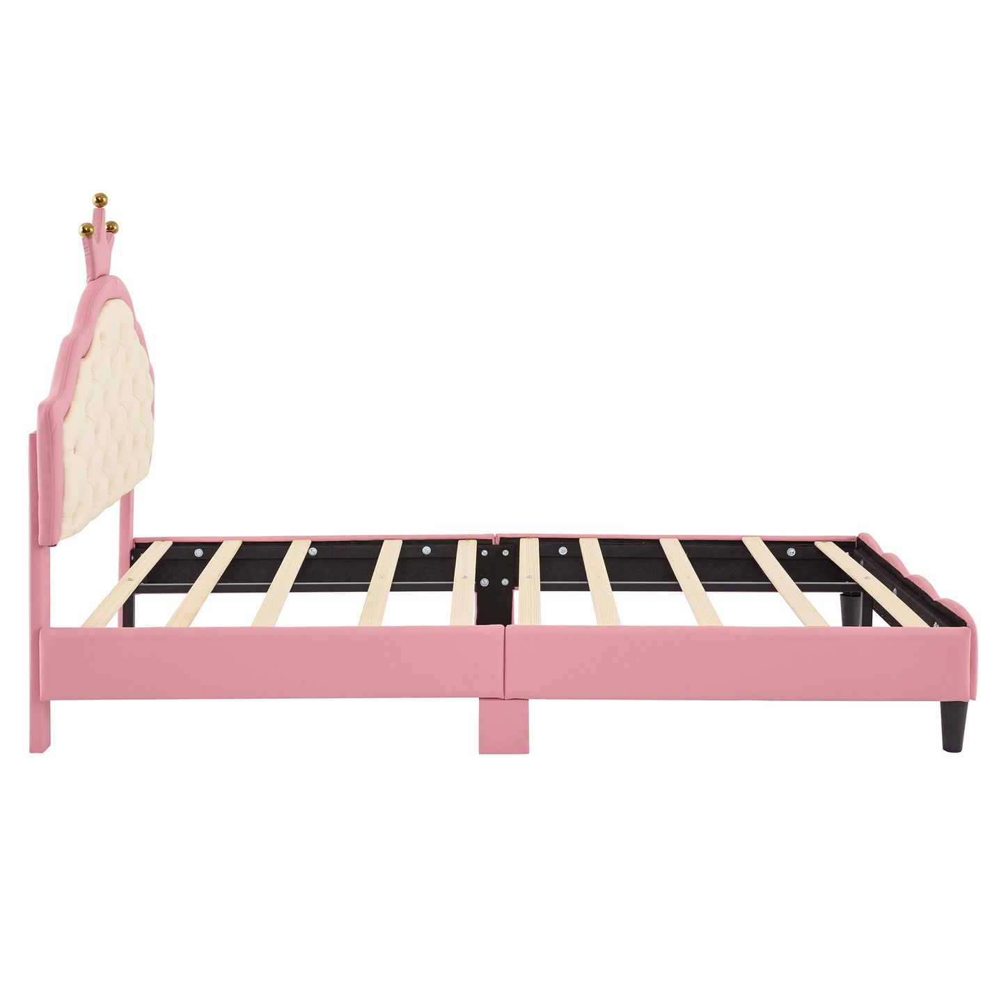 Pink velvet twin bed frame with tufted headboard and crown accents