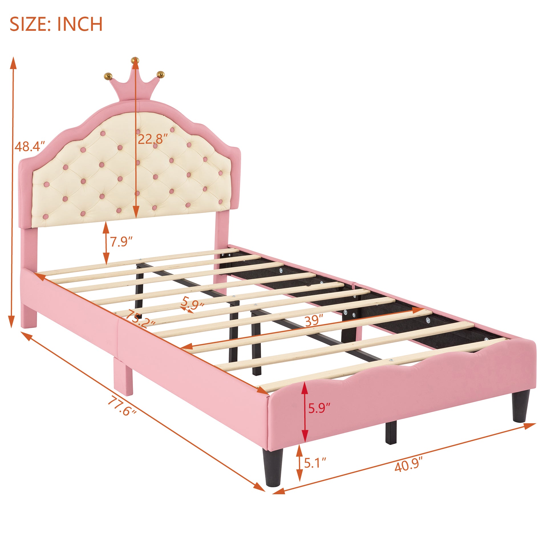 Pink twin bed frame with cream tufted headboard and crown