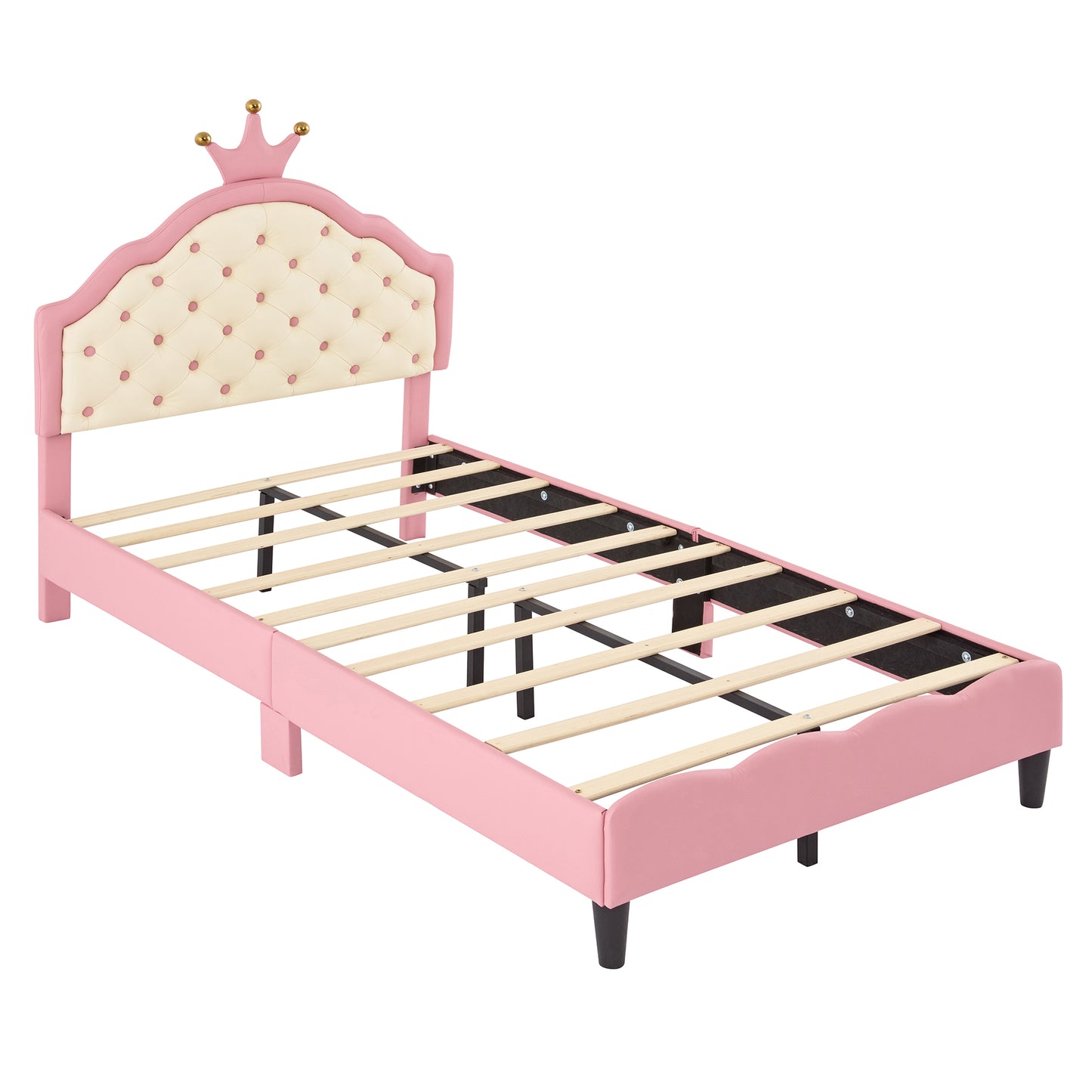 Pink upholstered twin bed frame with tufted cream headboard and crown detail