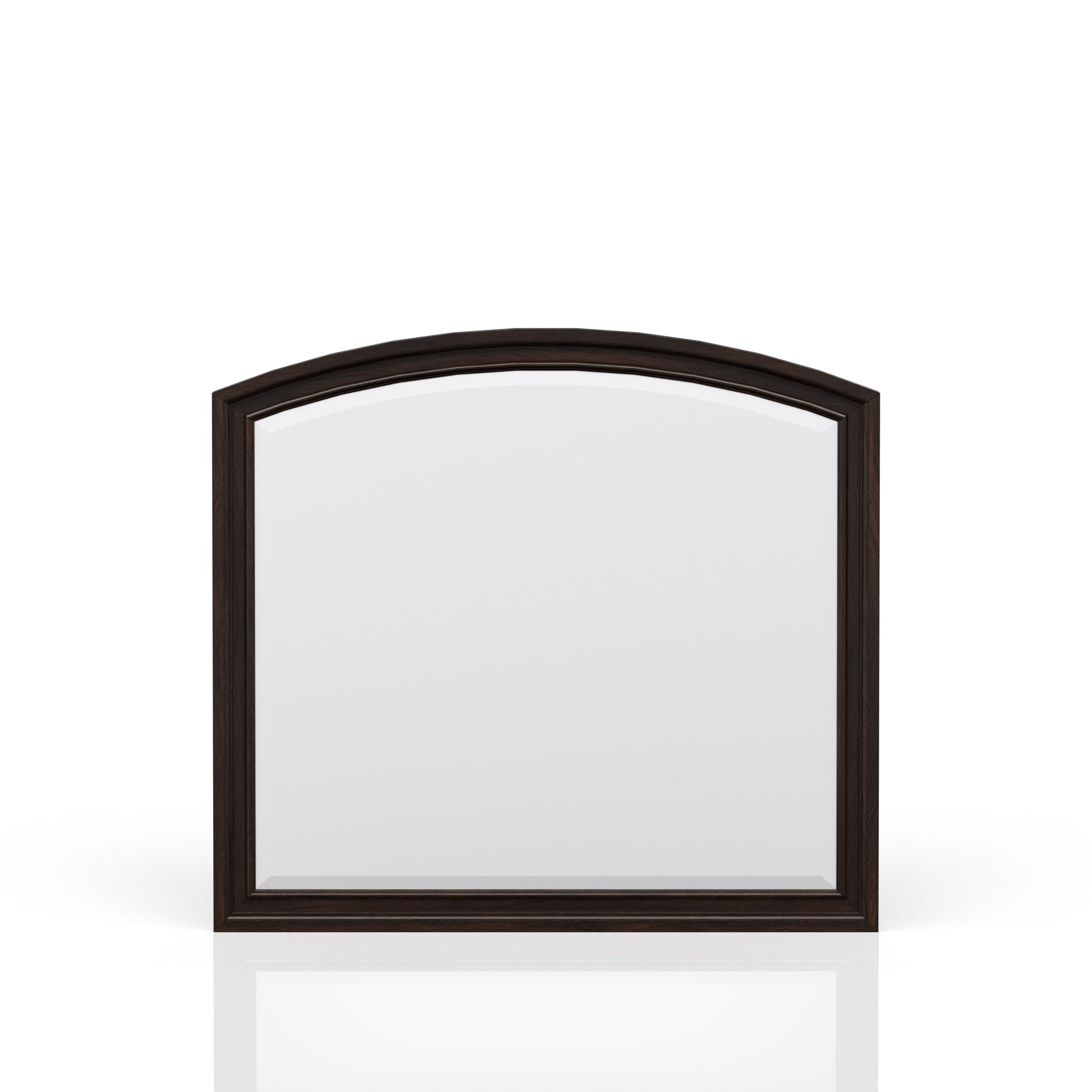 Dark wood arched dresser mirror with beveled edge