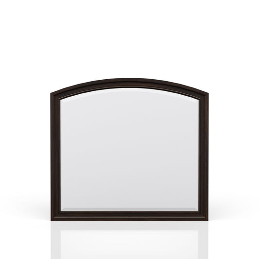 Dark wood arched dresser mirror with beveled edge