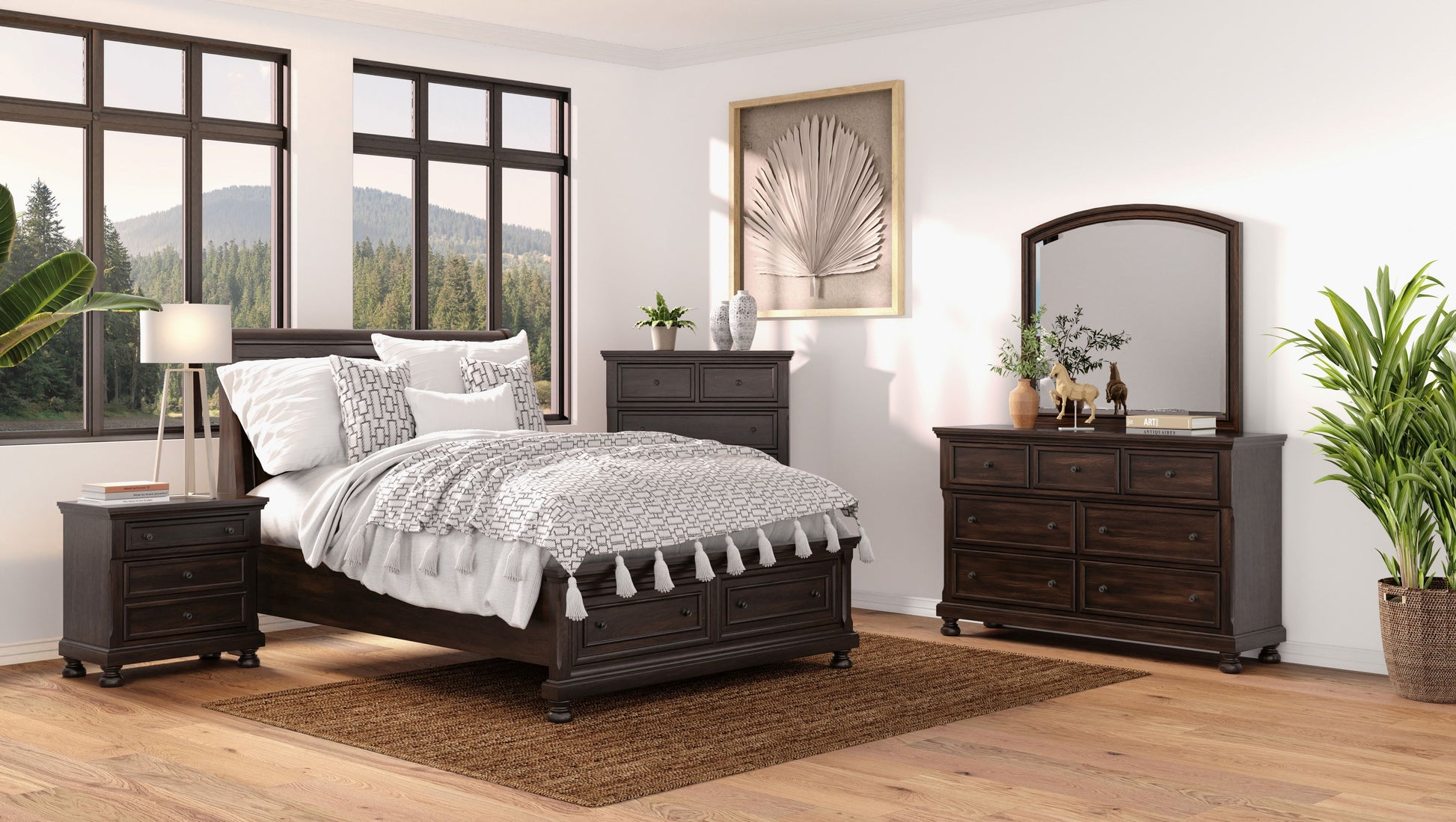Dark wood sleigh bed with white bedding and patterned throw
