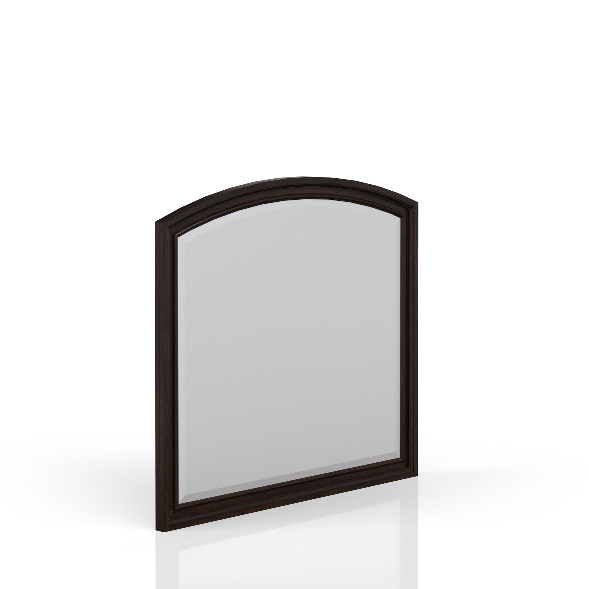Dark wood arched mirror with beveled glass