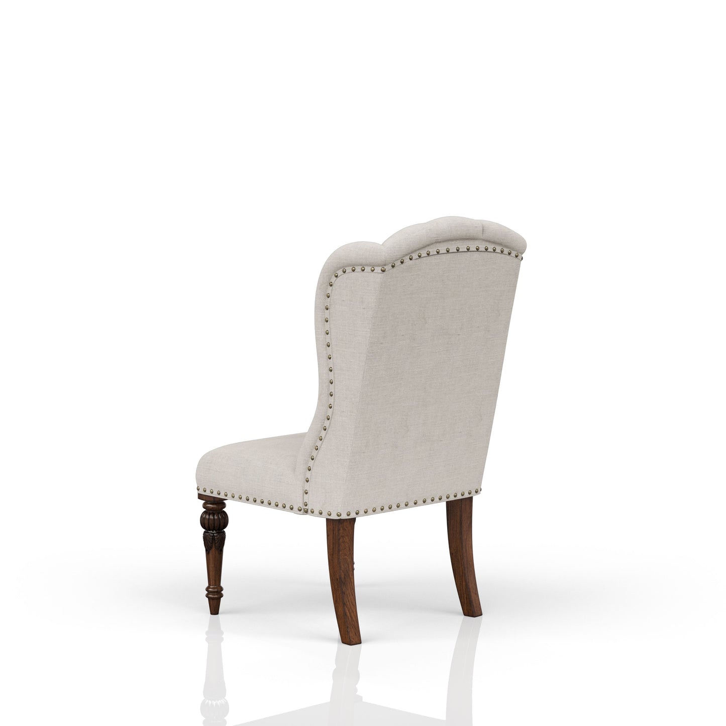 Tufted beige accent chair with dark wood legs