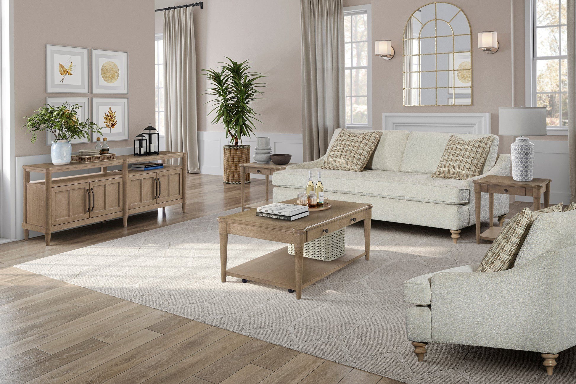 Cream textured sofa with patterned pillows