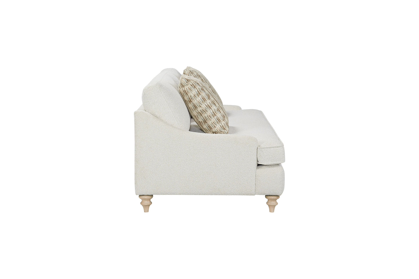 Light beige textured fabric sofa with decorative throw pillows and turned wooden legs