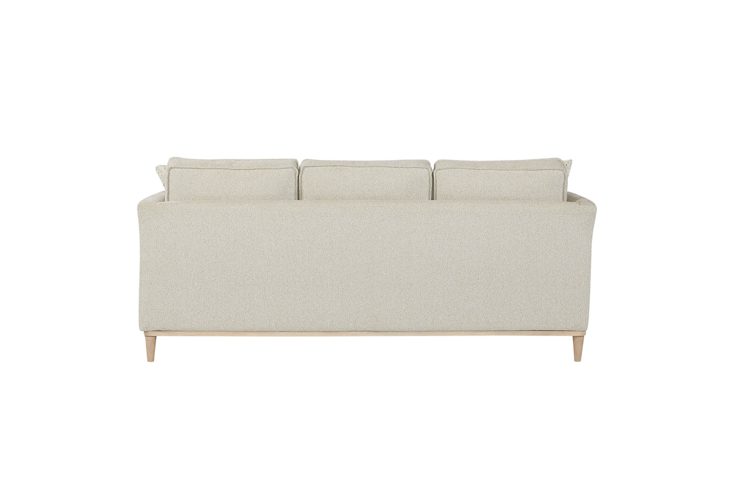 Light beige textured fabric threeseater sofa back view with natural wood legs