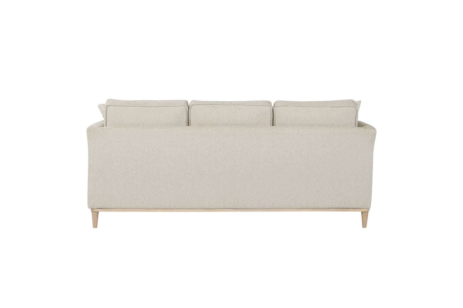 Light beige textured fabric threeseater sofa back view with natural wood legs