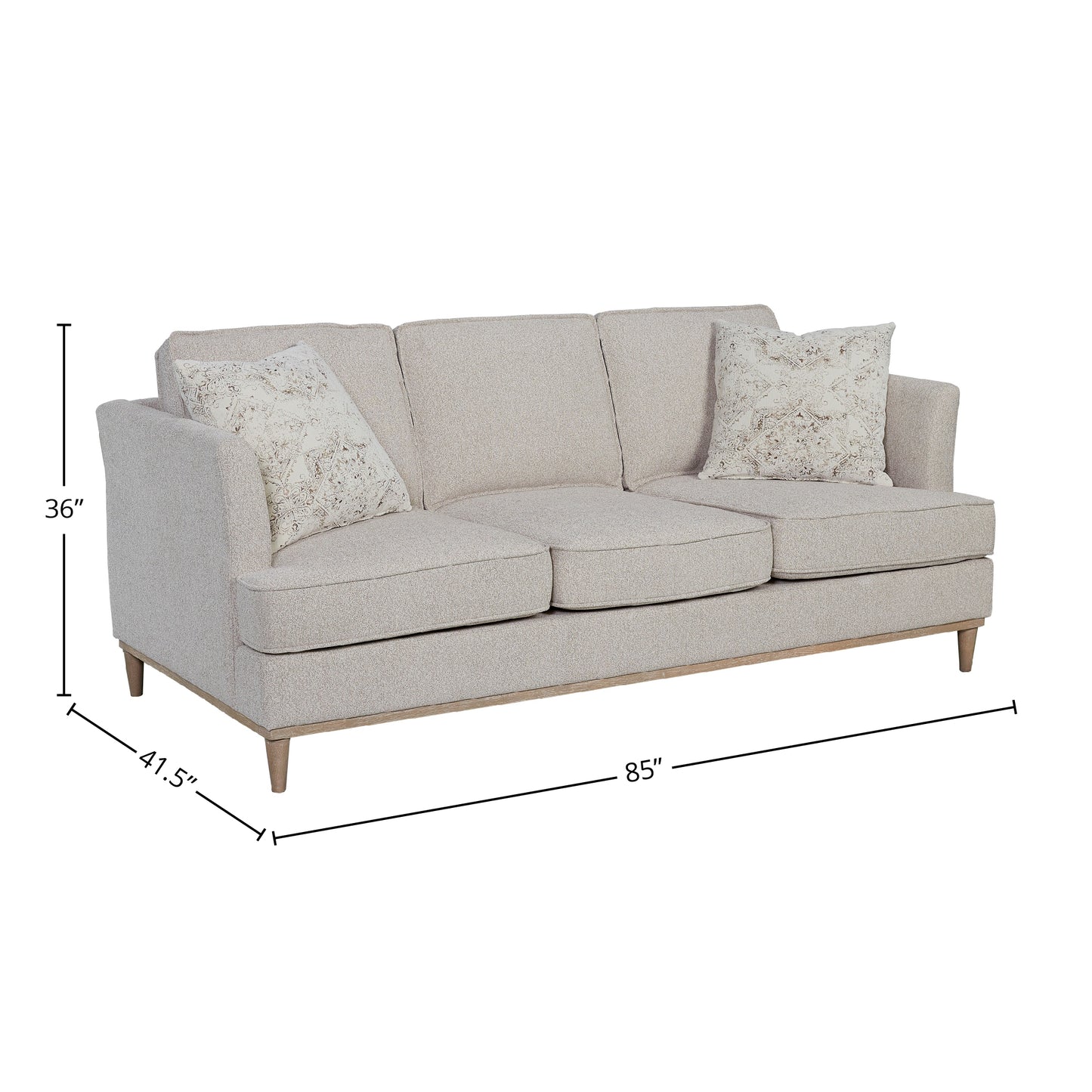 Beige textured fabric sofa with decorative throw pillows and wood legs
