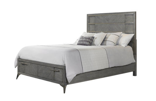 Gray modern platform bed with storage drawers and chevron wood grain headboard