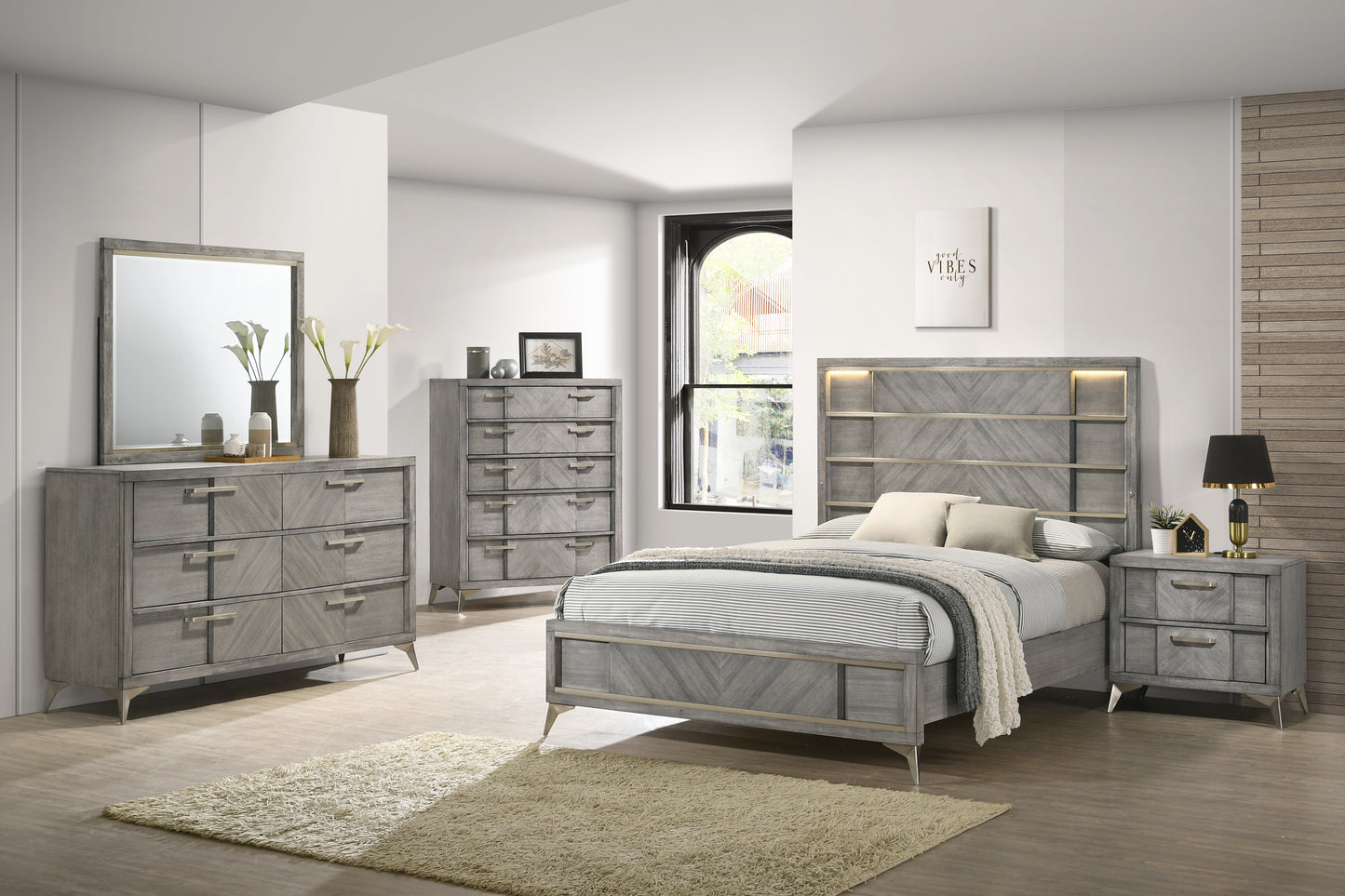 Modern grey wood king bed frame with integrated headboard lighting