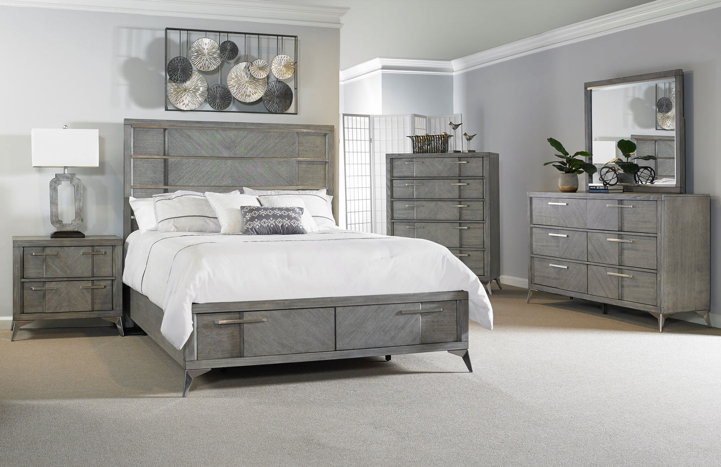 Gray wood king bed with paneled headboard and storage drawers