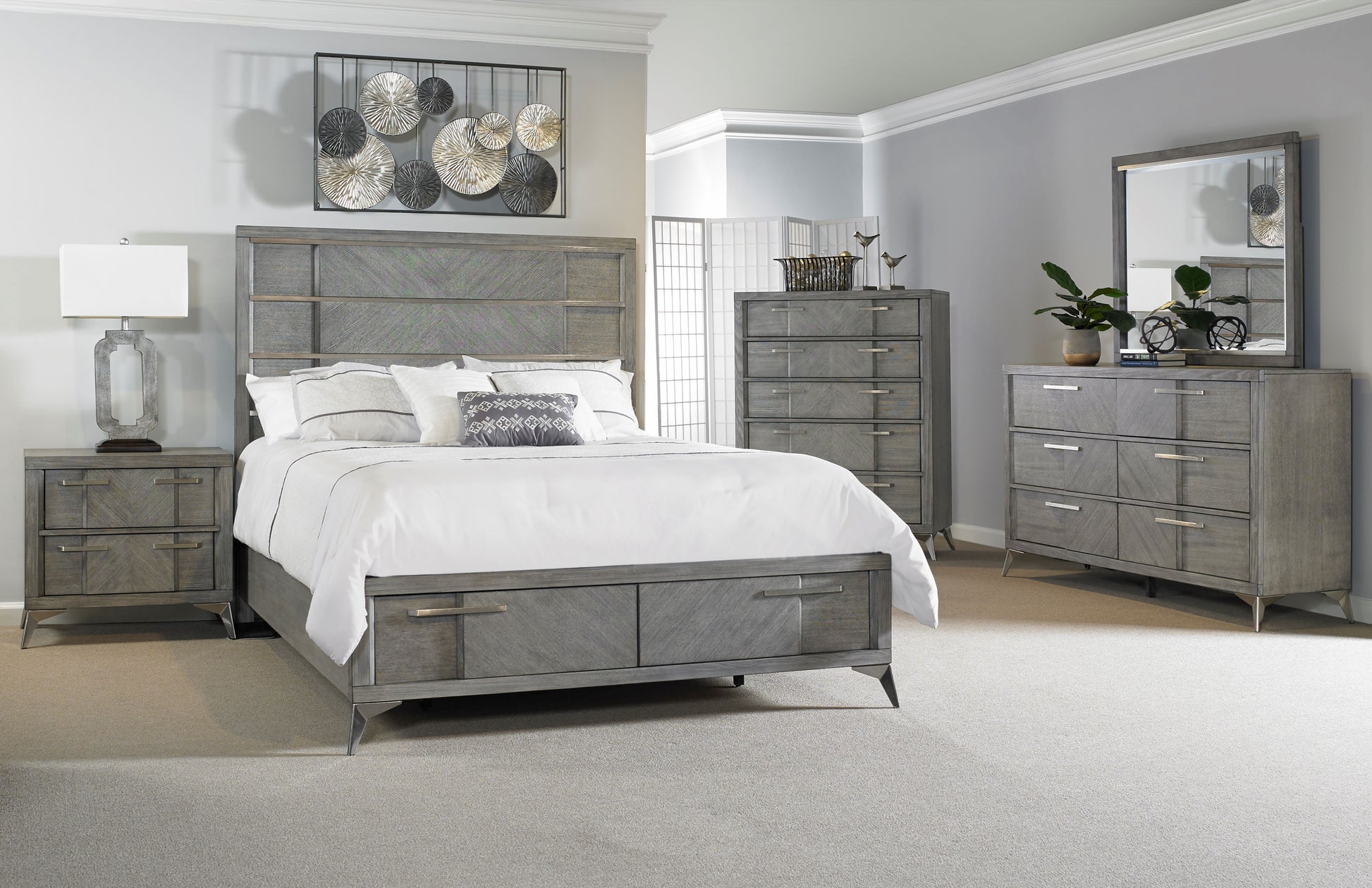 Gray wood king bed with paneled headboard and storage drawers