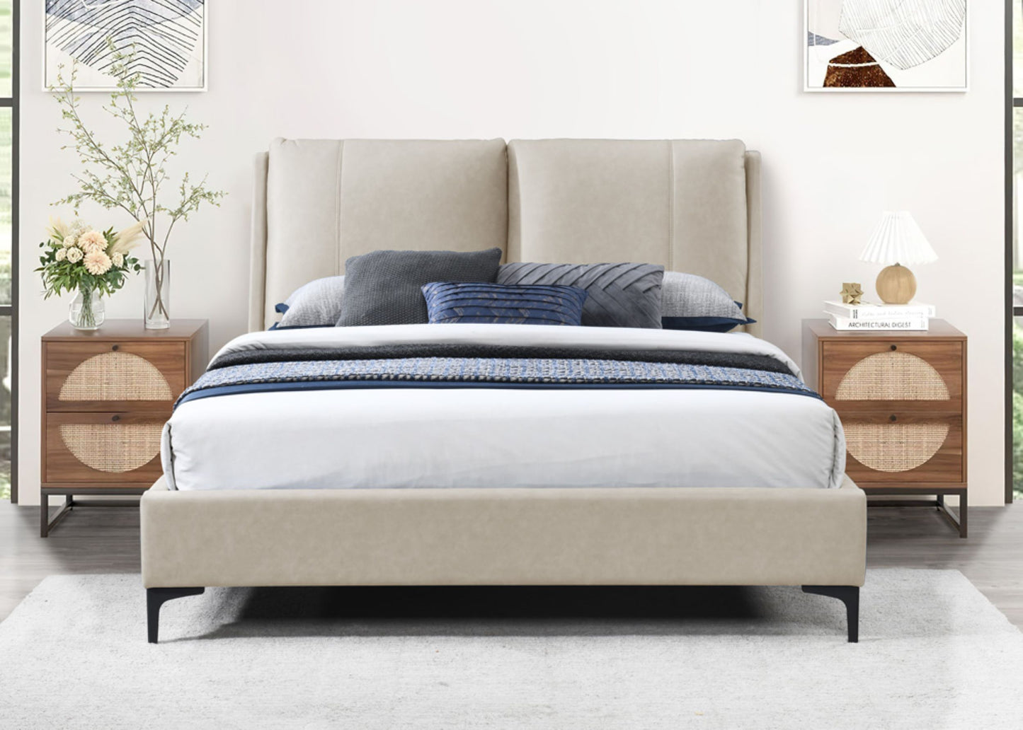 Upholstered beige bed with buttontufted headboard and wooden nightstands