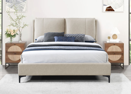 Upholstered beige bed with buttontufted headboard and wooden nightstands