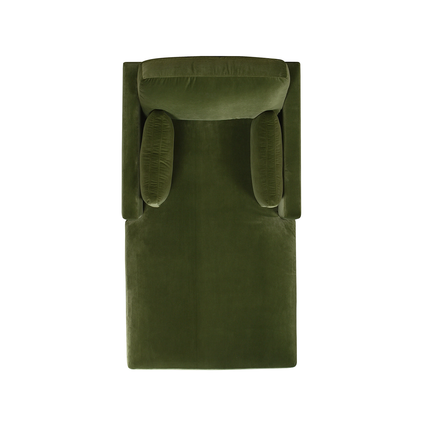 Plush green velvet chaise lounge with matching bolster pillows