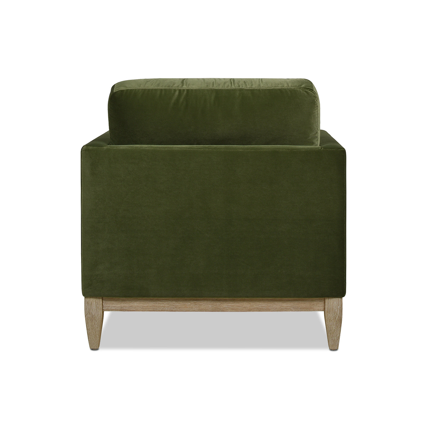 Modern green velvet armchair with natural wood legs for living room seating