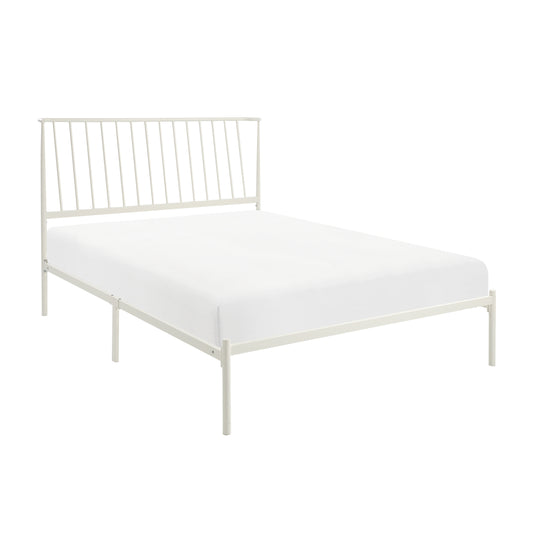 White metal platform bed frame with slatted headboard and footboard