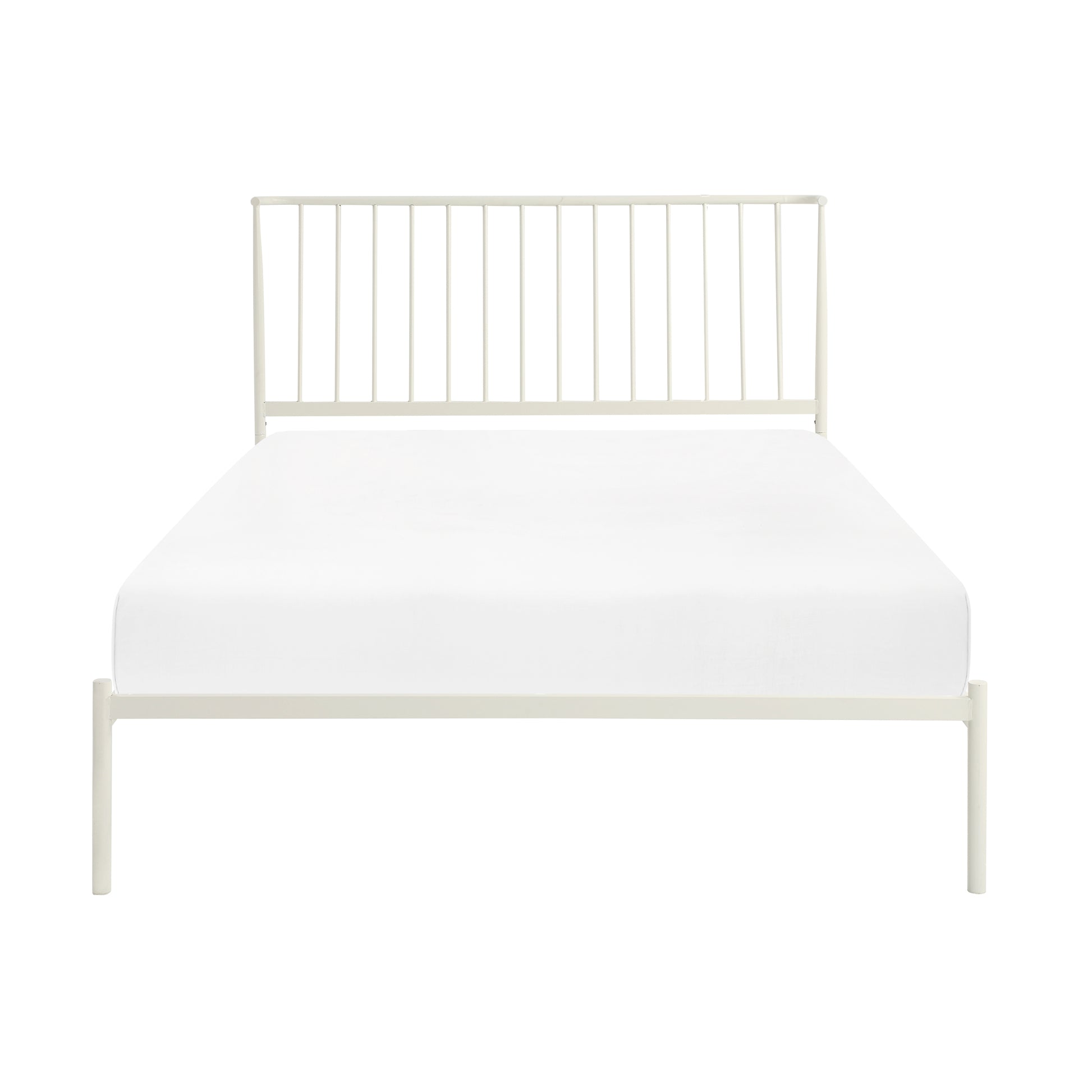 Minimalist white metal bed frame with vertical slat headboard and mattress