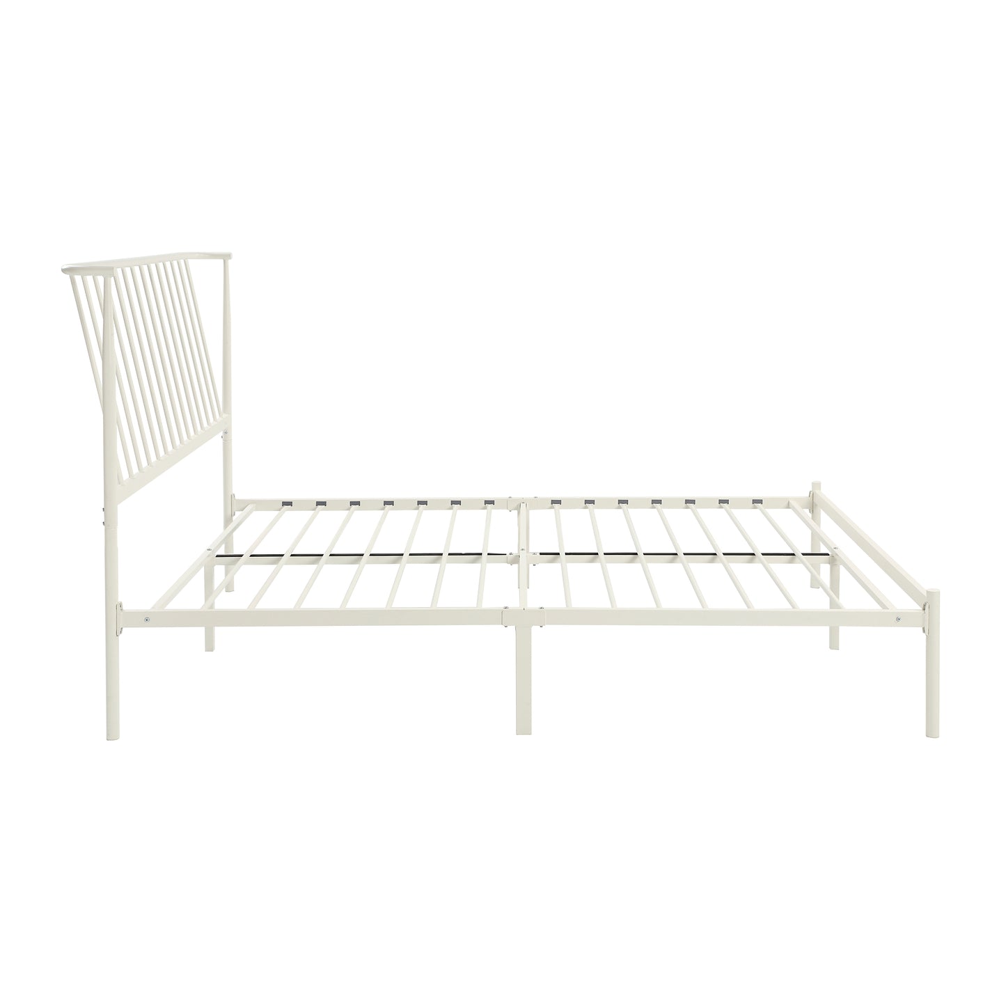 White metal bed frame with slatted headboard and platform support