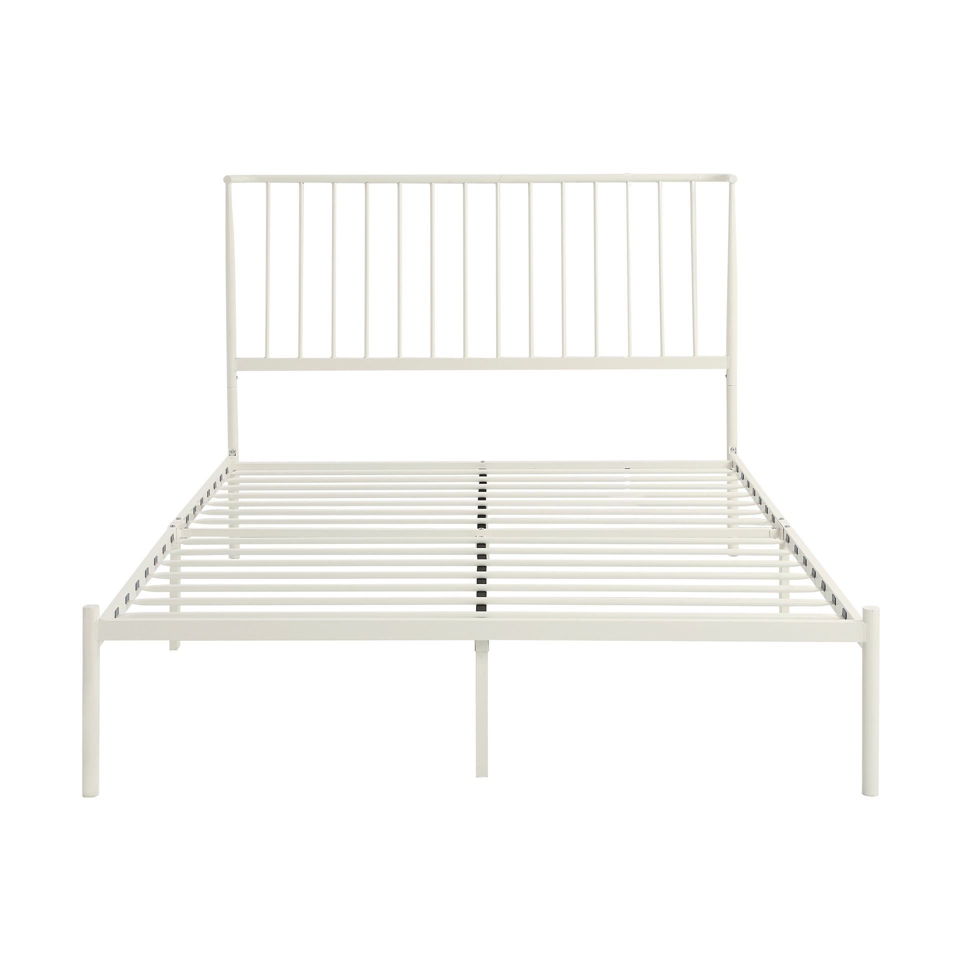 White metal bed frame with slatted base and minimalist headboard