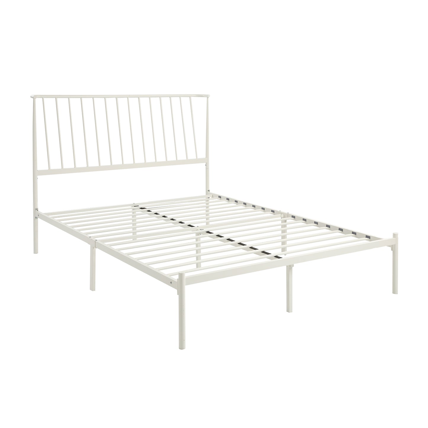 White metal bed frame with slatted headboard and base