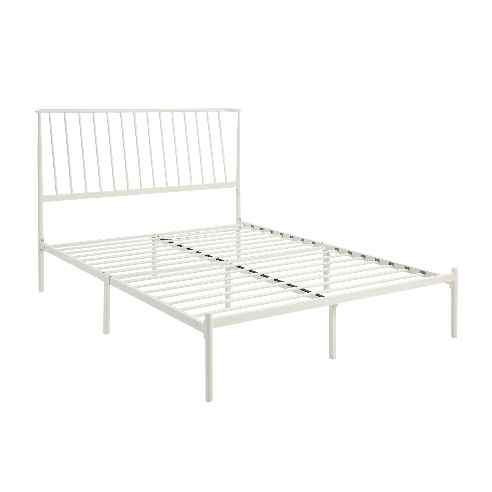 White metal bed frame with slatted headboard and base